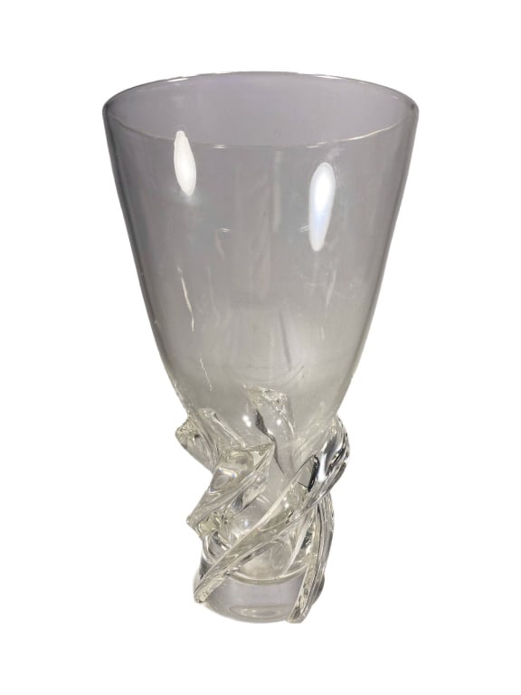 Steuben Whirlpool Footed Crystal Vase SIGNED: Steuben clear crystal vase with a swirl-form applied foot and broad flared rim. The lower section is wrapped with a sculpted twisted ribbon design, creating a dynamic whirlpool-like effect. An etched