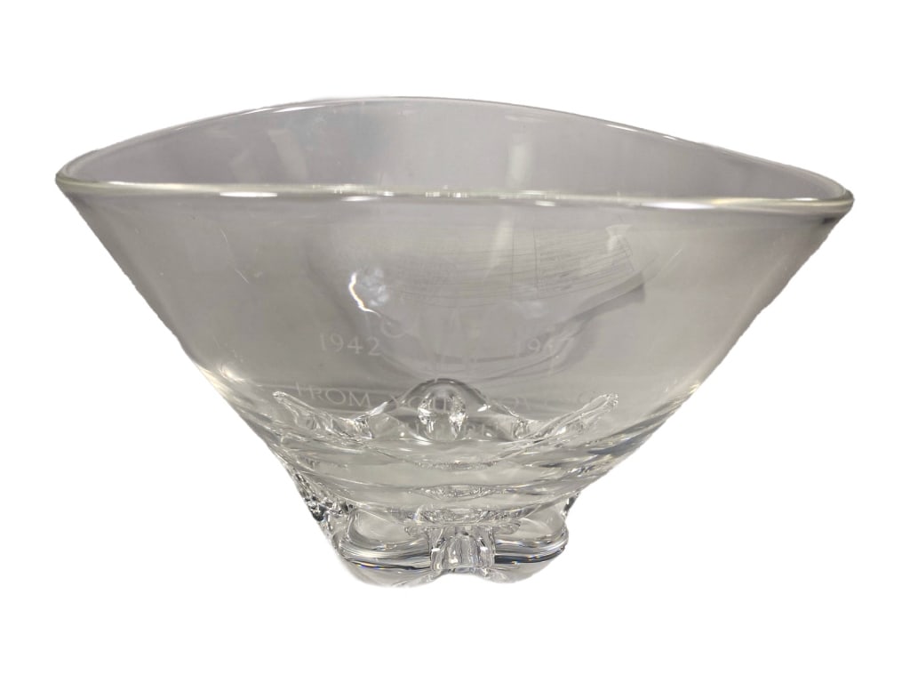 Steuben Crystal Shell Footed Bowl by D. Pollard: A Steuben clear crystal footed presentation bowl with a shell-like base and broad flared rim. Inscribed â€œ1942-1967 W From Your Loving Childrenâ€ along the side. Designed by Donald Pollard f
