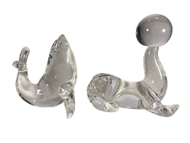 Steuben Crystal Art Glass Sea Lion Figurines 2pcs
