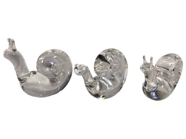 Steuben Crystal Art Glass Snail Figurines 3pc LOT