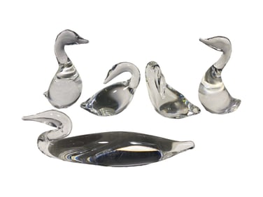 Steuben Crystal Art Glass Swan Figurines 5pc LOT