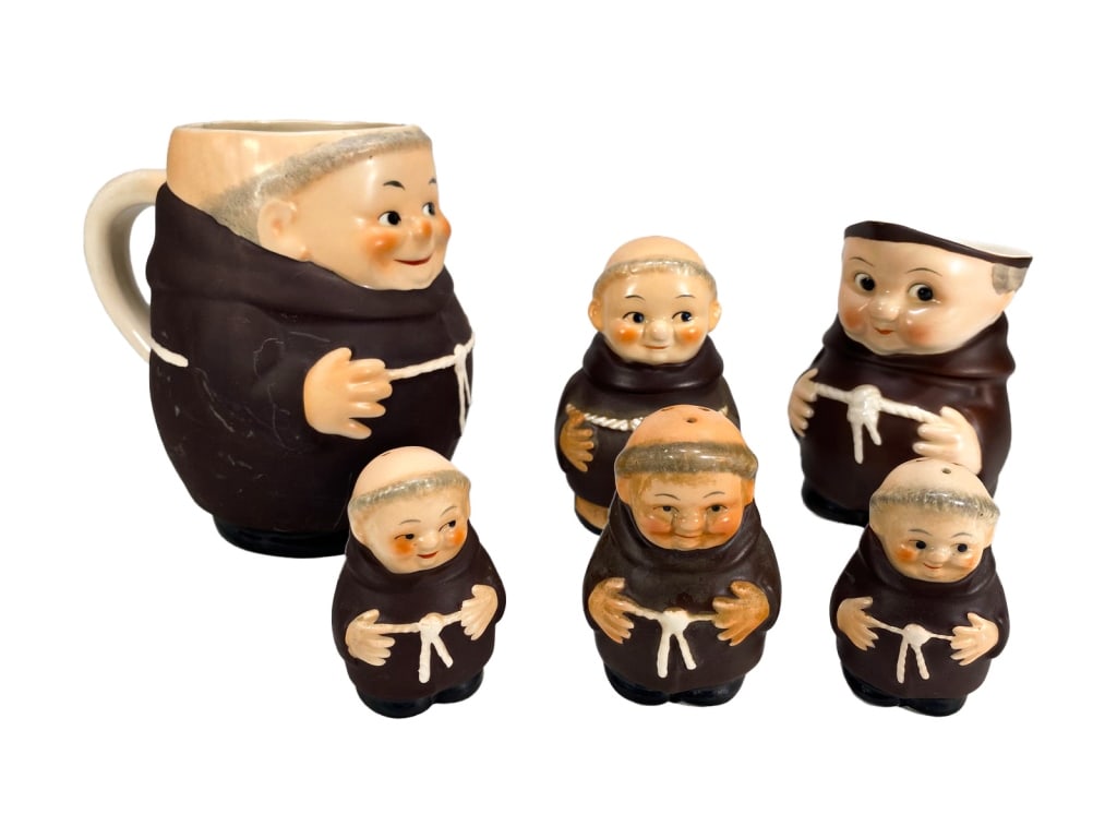 Hummel Goebel German Porcelain Figurines 6pc LOT: Estate grouping of six German Hummel jar and shaker figurines by Goebel, each depicting charming Tuck Monks in the classic Hummel style. All pieces are marked on the bottom with Goebel or M.I. Hummel