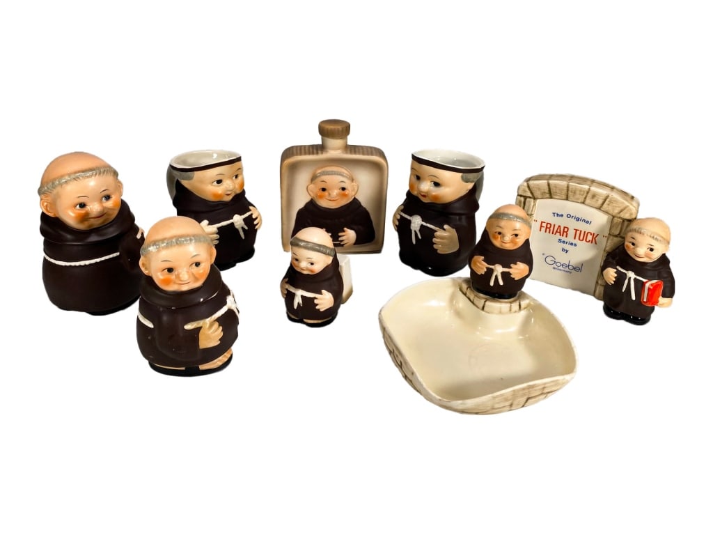 Hummel Goebel German Porcelain Figurines 8pc LOT: Estate grouping of eight German Hummel jar, jug, and shaker figurines by Goebel, each depicting Tuck Monks in the classic Hummel style. All pieces are marked on the bottom with Goebel or M.I. Hummel t