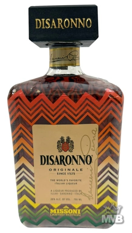 Disaronno Originale Amaretto Missoni Bottle 750ml: Limited edition sealed bottle of Disaronno Originale Amaretto, featuring a bold zig-zag design collaboration with Italian fashion house Missoni. This collectible edition combines Disaronnos instantly