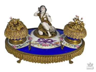French Porcelain & Filigree Gilt Bronze Inkstand