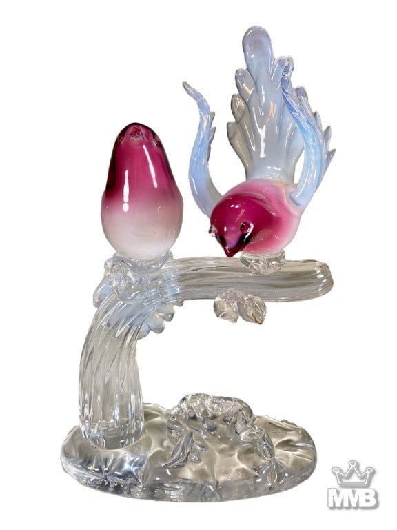 Renato Anatra Italian Murano Glass Birds Figurine: Renato Anatra (Italian, 20th century) Murano art glass sculpture depicting two birds perched on a clear glass branch with a textured base. An etched signature 'R. Anatra' is present on the underside o