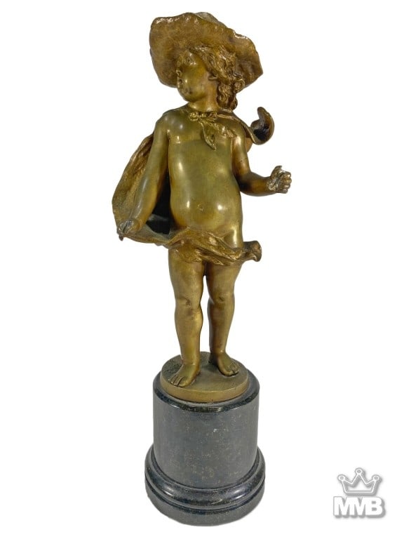 Franz Iffland (1862-1935) German Bronze Sculpture: Franz Iffland (German, 1862 - 1935) bronze sculpture depicts a standing child in a broad-brimmed hat and draped cloth, posed naturally with one arm slightly extended. The figure stands on a cylindrica