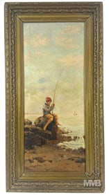 Emile Munier 19th C Young Boy Fishing Oil Painting