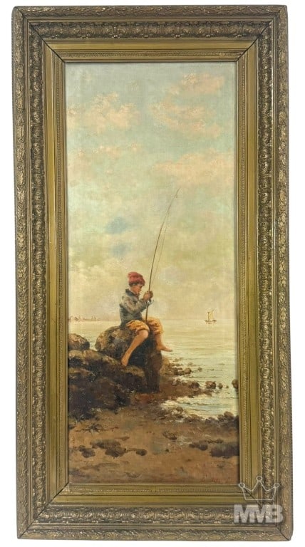 Emile Munier 19th C Young Boy Fishing Oil Painting: Emile Munier (American/French, 1840 - 1895) oil painting on canvas depicting a young boy seated on a rock along the shoreline, fishing with a long pole as a sailboat drifts in the distance. The work c