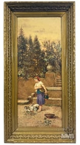 Emile Munier 19th C. Girl w/ Rabbits Oil Painting