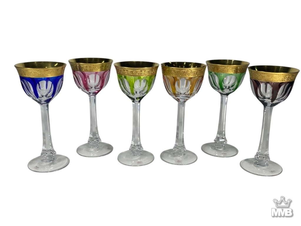 Moser Czech Rep Bohemian Gilt Glasses 6pc LOT: Set of six Moser Bohemian Czech crystal wine glasses. Each goblet features a tall faceted stem and a rounded bowl with paneled cutting, overlaid in six jewel-tone colors: cobalt blue, ruby red, emeral