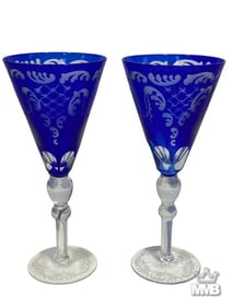 Pair Cobalt Blue Etched Cut to Clear Glasses