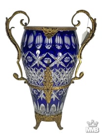 Cobalt Blue Cut to Clear Crystal & Bronze Vase