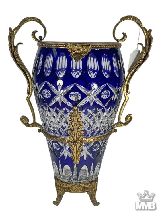 Cobalt Blue Cut to Clear Crystal & Bronze Vase (1 of 6)