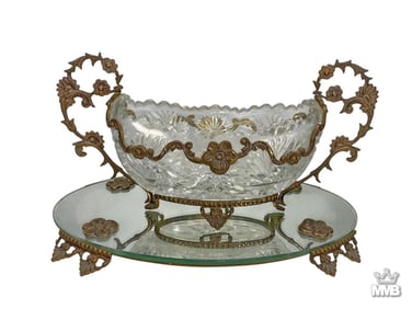 Portuguese Cut Glass Centerpiece & Mirrored Tray