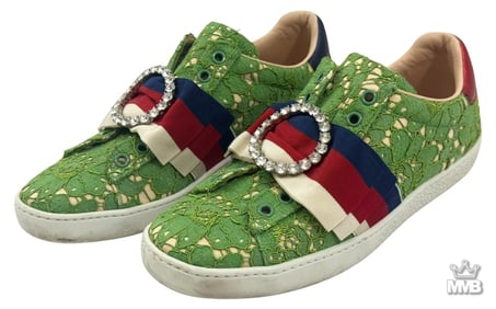 Gucci Ace Green Lace & Crystal Sneakers Size 35.5