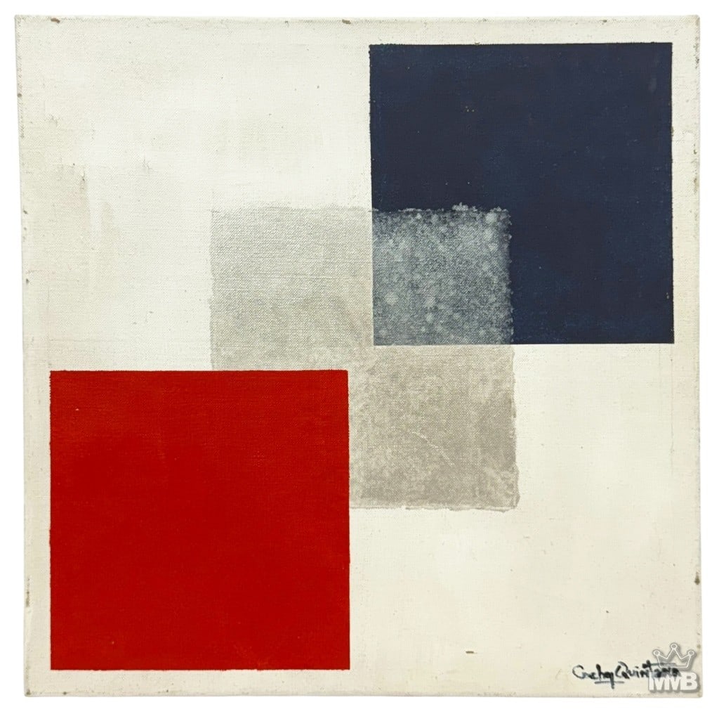 Edgar Quintana Dimensiones, 2015 Acrylic Painting: Edgar 'Cachy' Quintana (Venezuelan, born 1957) acrylic painting on canvas titled 'Dimensiones, 2015'. A geometric abstract composition featuring bold squares of red, blue, and silver-gray against a wh