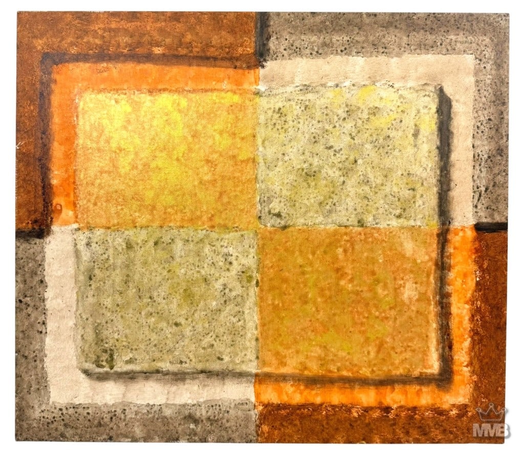 Edgar Quintana Relatividad en Naranja Painting: Edgar 'Cachy' Quintana (Venezuelan, born 1957) mixed media painting on canvas titled 'Relatividad en Naranja' and dated 2013. The composition presents layered squares in earthy orange, ochre, and gray