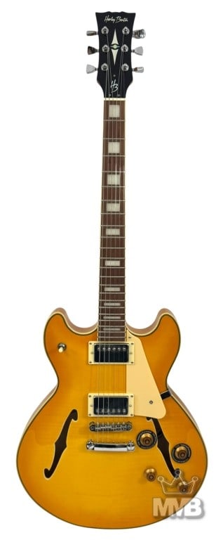 Harley Benton HB-35 Plus Electric Guitar w/ Case: Harley Benton HB-35 Plus semi-hollow body electric guitar in a striking vintage sunburst finish. Designed in the classic ES-335 style, the guitar features a laminated maple body with twin f-holes, cre