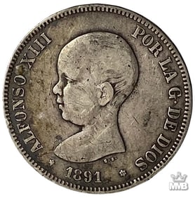 1891 Spanish 5 Pesetas Silver Coin
