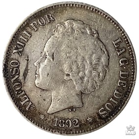 1892 Spanish 5 Pesetas Silver Coin