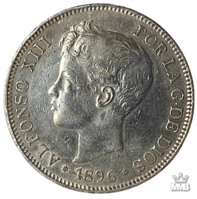 1896 Spanish 5 Pesetas Silver Coin