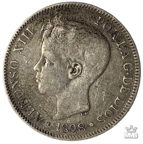 1898 Spanish 5 Pesetas Silver Coin
