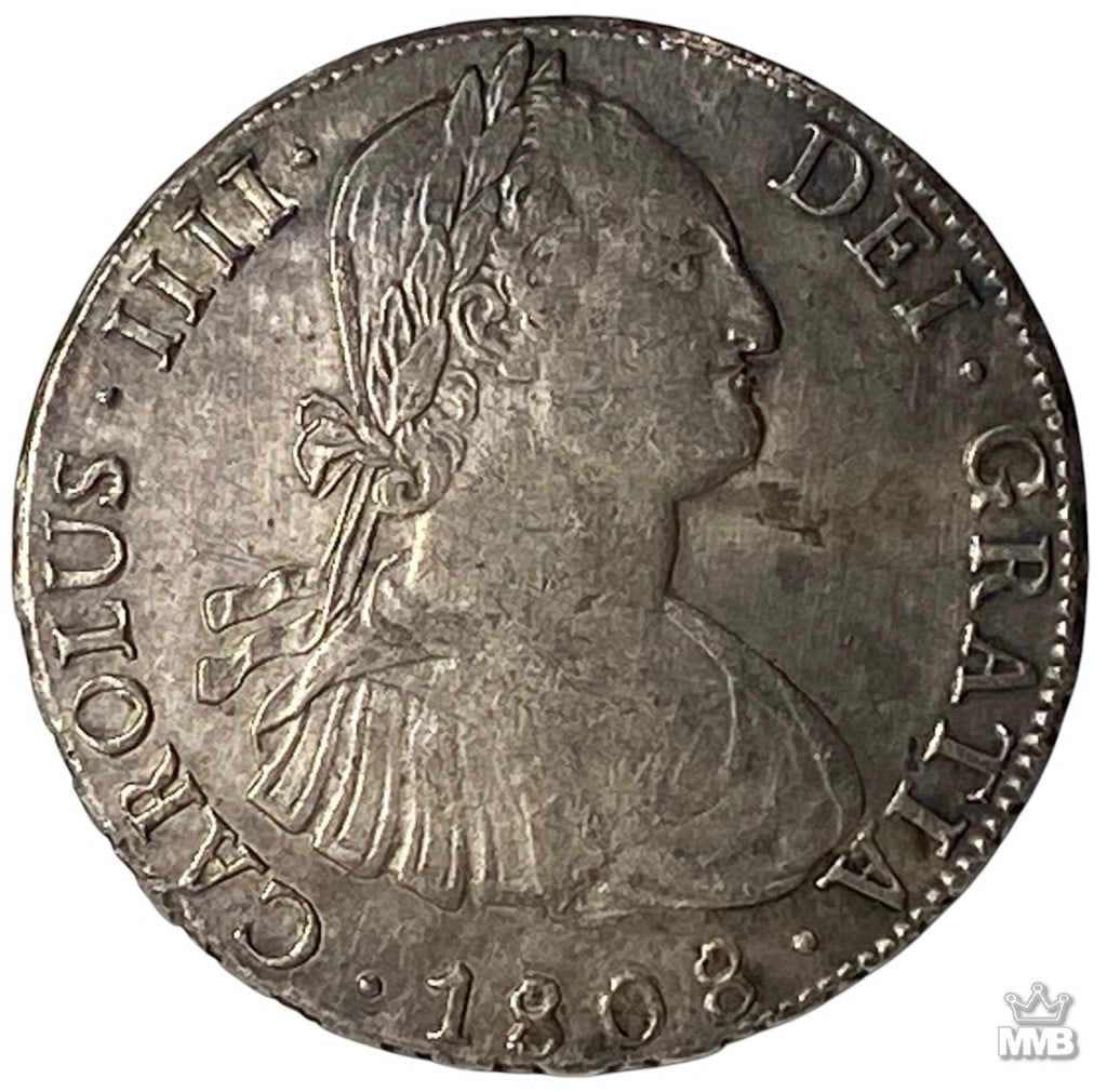 1808 Carolus IIII Silver 8 Reales Coin: 1808 Spanish coin shows the laureate bust of King Charles IV on the obverse with the legend CAROLUS IIII DEI GRATIA and date. The reverse features the crowned Spanish coat of arms with castles and lio