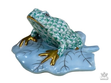 Herend Fishnet Porcelain Frog on Lily Figurine
