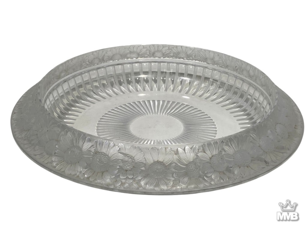 Lalique French Marguerites Crystal Center Bowl: Lalique French round crystal centerpiece bowl with a frosted relief marguerite flower border and ribbed clear interior, with a radiating base design. Etched signature 'Lalique France' to base. Dimensi