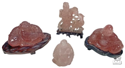 Chinese Hand Carved Pink Quartz Figures 4pc LOT