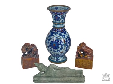 Chinese Cloisonne Vase & Stone Sculptures 4pc LOT
