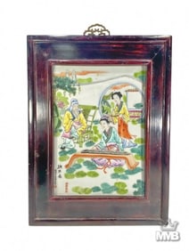 Chinese Famille Rose HP Framed Porcelain Plaque