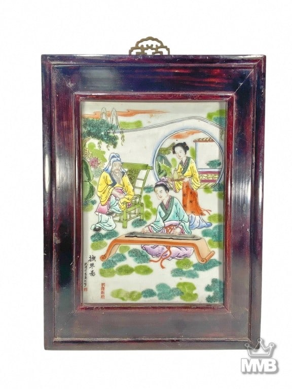 Chinese Famille Rose HP Framed Porcelain Plaque: Chinese Famille rose hand painted porcelain plaque. Depicting a seated elder, attendants and a musician in a garden scene with trees and pavilion. Set in a dark wooden frame with brass hanger. Chinese