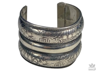 Chinese Silver Bangle Bracelet w/ Hand Engravings