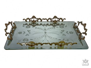 Vintage Mirrored Etched Tray w/ Bronze Handles