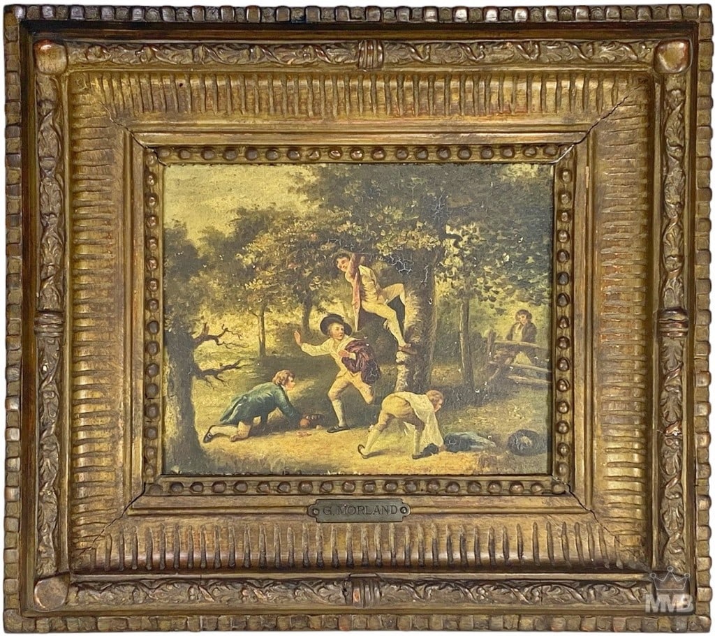 19th C Painting in the Manner of George Morland: George Morland (English, 1763 - 1804) late 19th century oil painting on wood . A genre scene depicting a group of boys engaged in mischief, climbing and gathering apples from a tree. Retains the artis