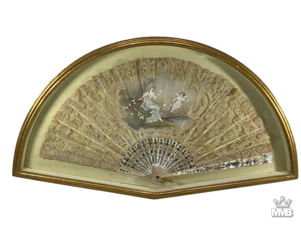 Antique Framed Lace, Painted & M.O.P Hand Fan (1 of 8)