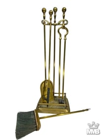 Vintage French Brass Fireplace Tool Set 5pc LOT