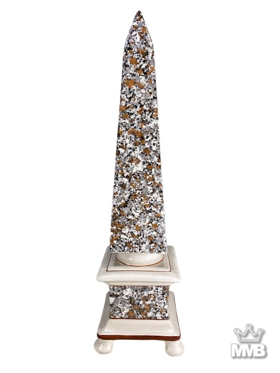 Italian Porcelain Granite Style Obelisk 21" TALL: Italian tall porcelain obelisk featuring a speckled granite-style finish in black, white, and ochre tones. The architectural form is mounted on a square plinth accented with terracotta-colored trim an