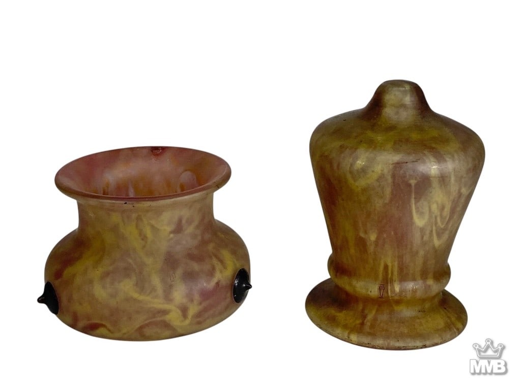 Charles Schneider French Art Deco Shade 2pc LOT: Charles Schneider (French, 1821 - 1953) two baluster-form art glass shades, executed in mottled marbled tones of amber, ochre and plum with a satin finish. Both pieces are signed 'Schneider' and bear