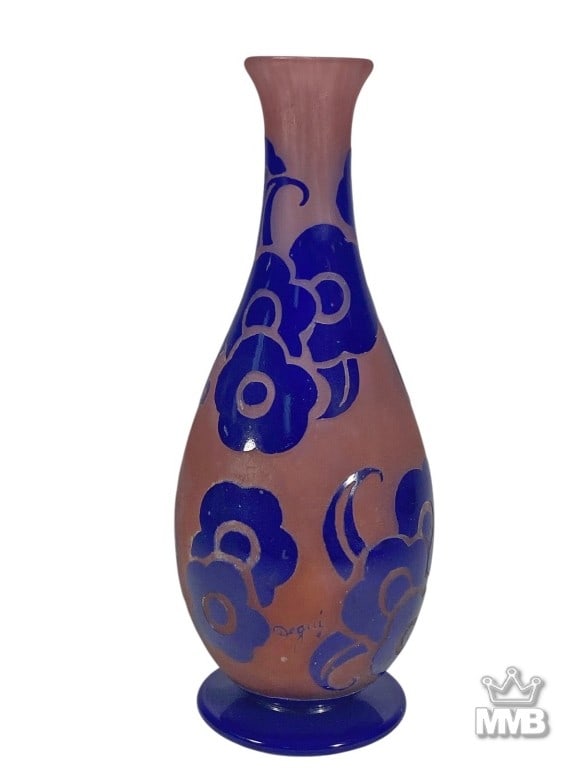 Degue French Cameo Glass Vase 13.5" SIGNED: Degue French tall cameo art glass vase. Ovoid form with flared rim and circular foot. Mottled rose-pink ground with cobalt blue overlay cut back to floral and foliate Art Deco patterns. Signed 'Degue'