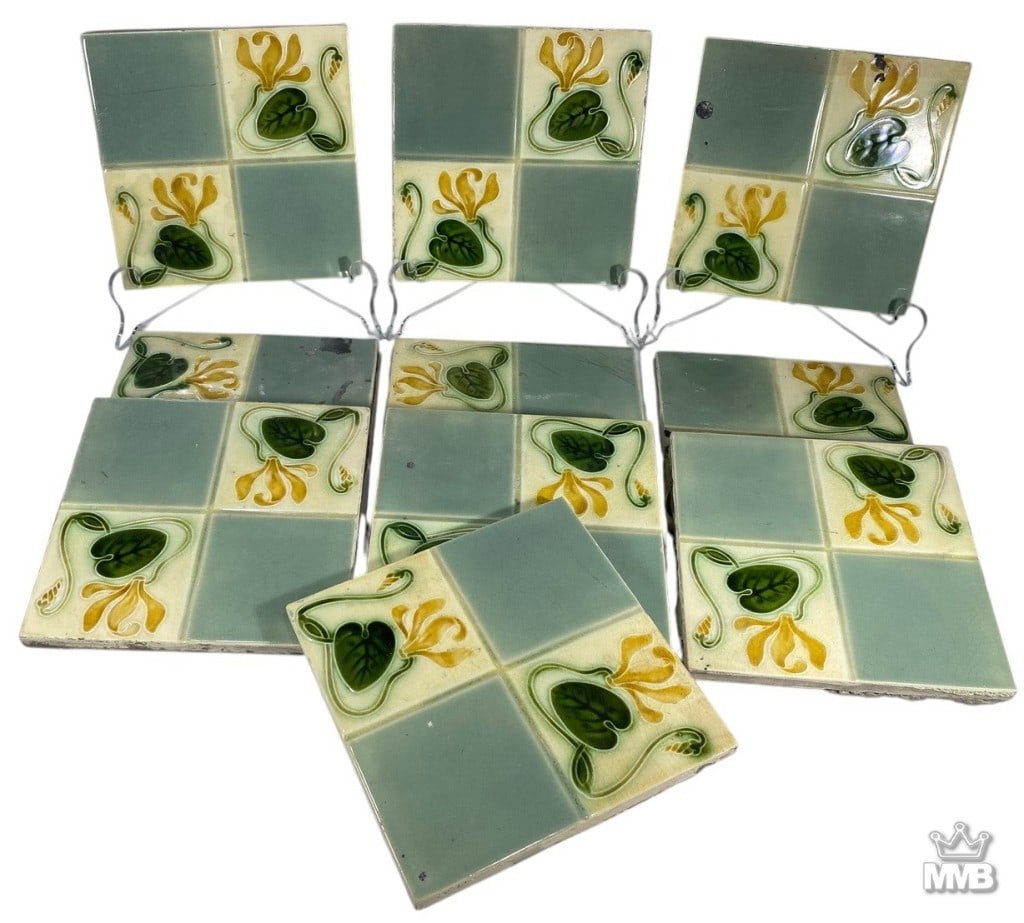 Art Nouveau Majolica H.P. Floral Tiles 10pc SET (1 of 5)