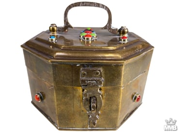 Antique Brass & Cabochon Stone Hinged Trinket Box