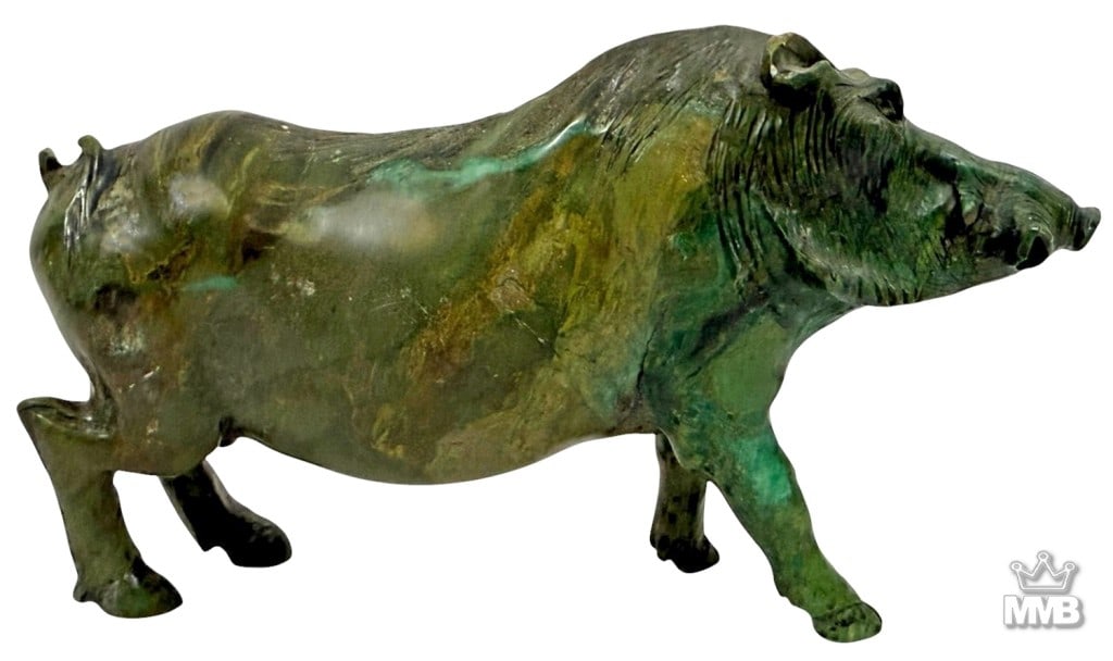 African Shona Hand Carved Boar Sculpture SIGNED: Finely carved African Shona Zimbabwe art figurine depicting a boar, crafted from a richly mottled green-brown hard stone with natural veining and polish. The animal figure is shown in motion with deta
