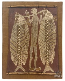Melanesian Aboriginal Bark Painting Hunter w/ Fish