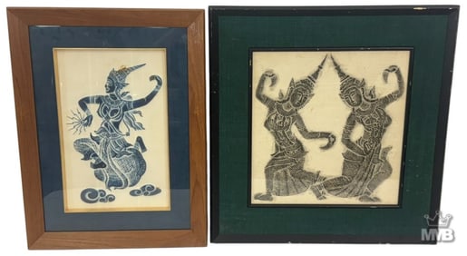 Lot of Two Thai Temple Framed Charcoal Rubbings