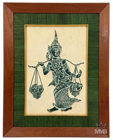 Vintage Framed Thai Charcoal Rubbing on Paper