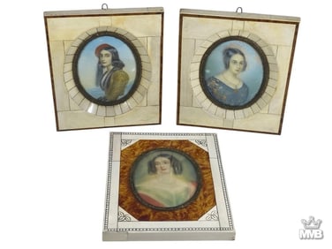 Antique Bone Miniature Portrait Paintings 3pc LOT