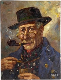 19th C. European Oil Painting on Wood Man Smoking